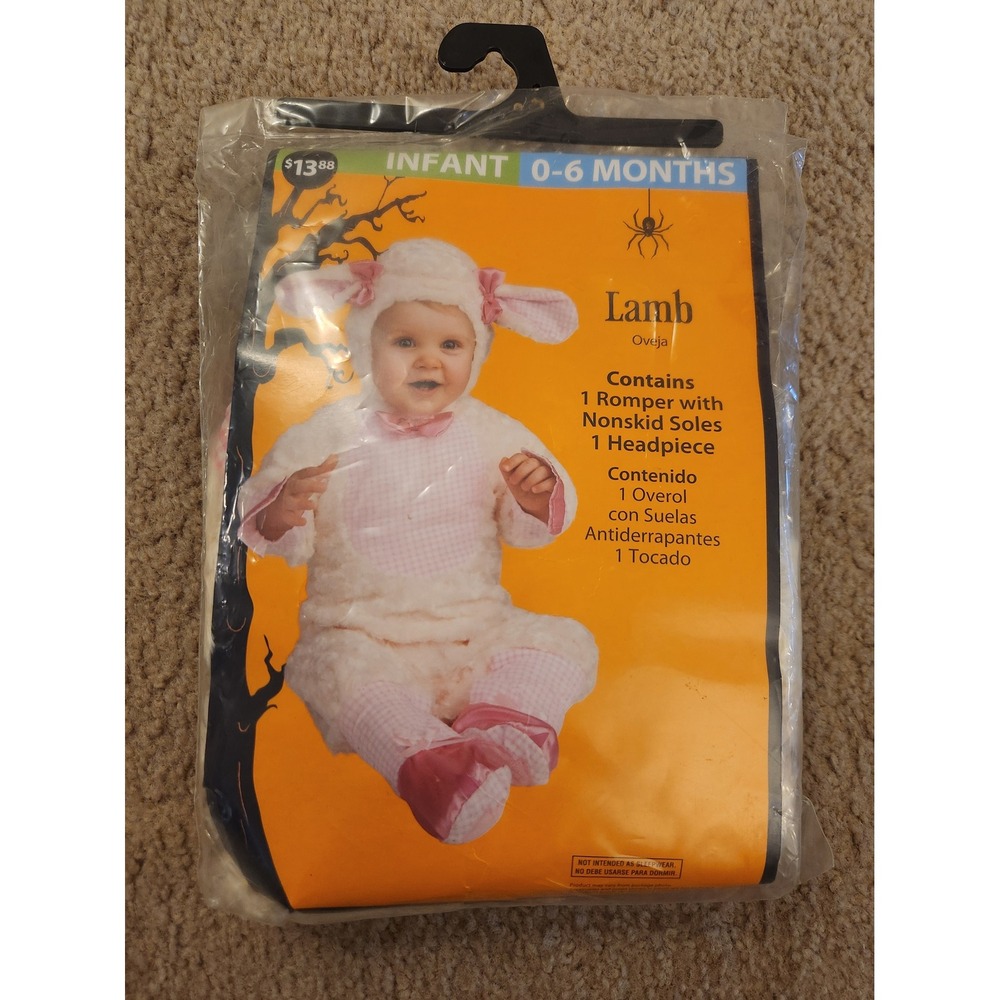 Infant Lamb Costume 0-6 Months White Pink Sheep Romper Headpiece Halloween Set